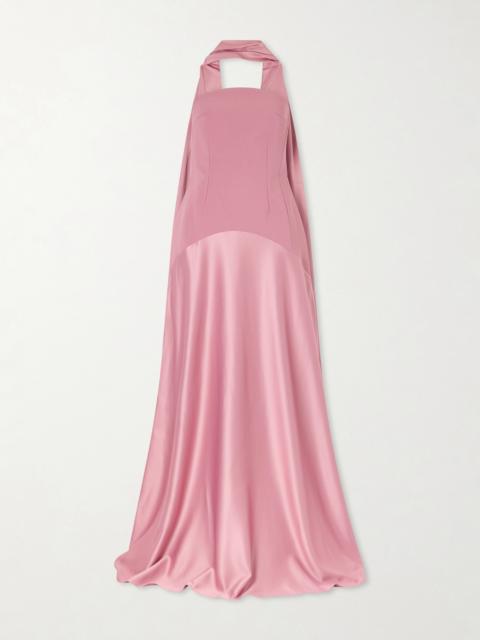 SOLACE LONDON Mae Scarf-detailed Satin-trimmed Crepe Gown