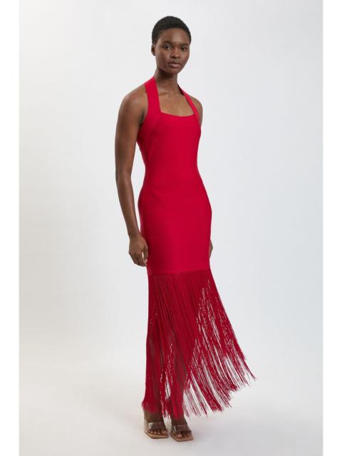 KAREN MILLEN Figure Form Bandage Fringe Knit Halter Neck Midi Dress