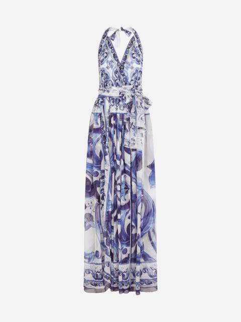 Dolce & Gabbana Long sleeveless chiffon dress with majolica print