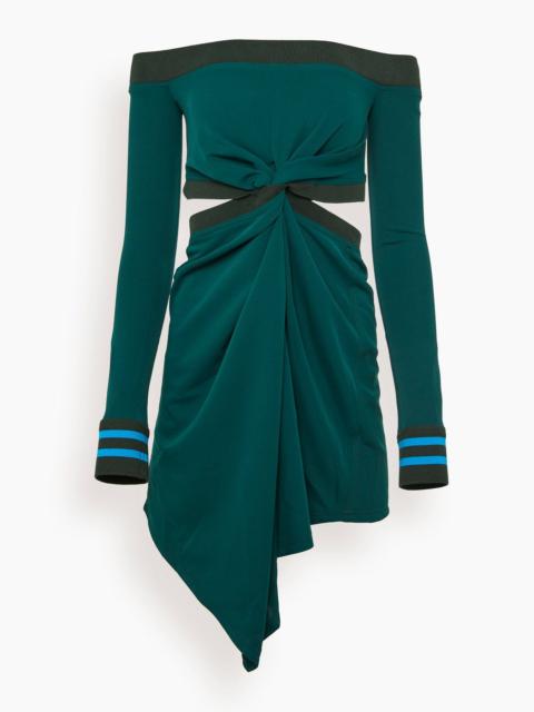 Twisted Cut Off Shoulder Mini Dress in Forest Green