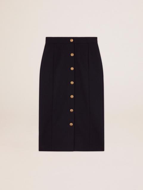 Pencil skirt in dark blue wool with gold-colored heraldic buttons