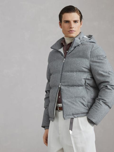 Wool beaver cloth down jacket with heat-bonded seams and detachable hood