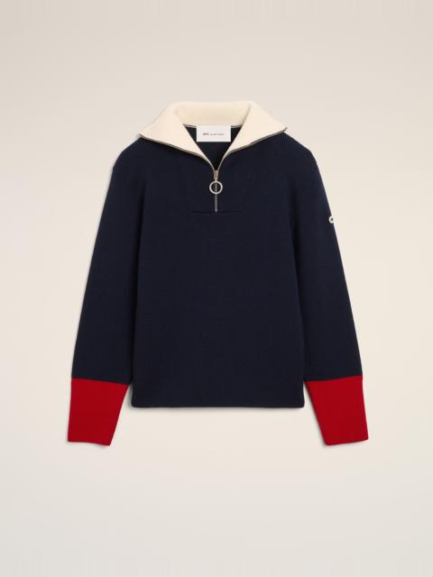 AMI Paris BLUE ZIPPED COLLAR WOOL SWEATER