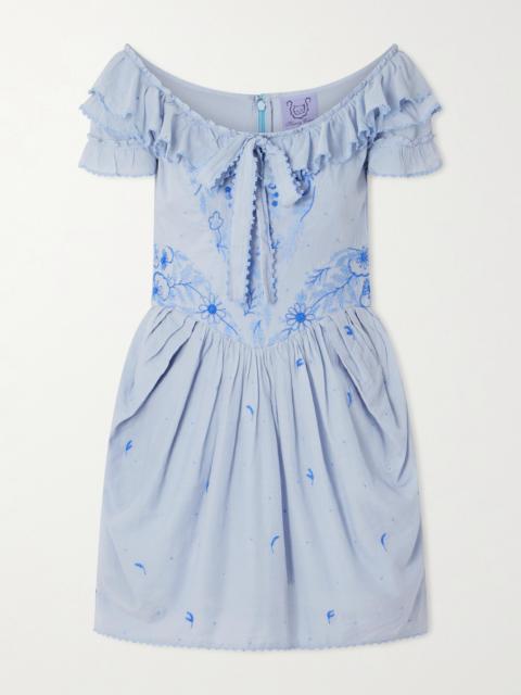 Thierry Colson Falbala Off-the-shoulder Bow-detailed Ruffled Pleated Embroidered Cotton-voile Mini Dress