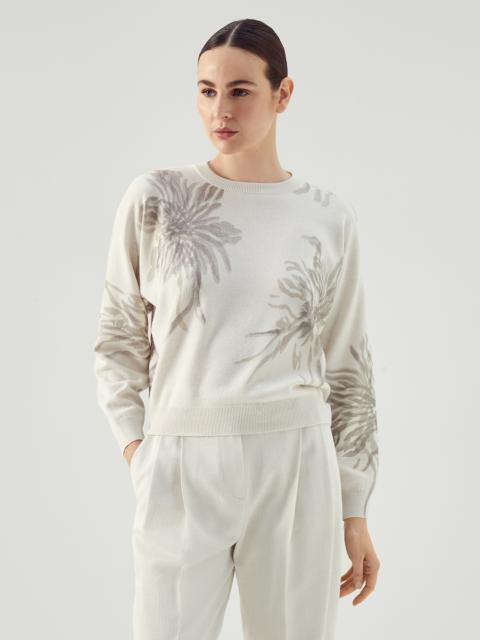 Brunello Cucinelli Sparkling marine flower sweater in virgin wool, cashmere and silk