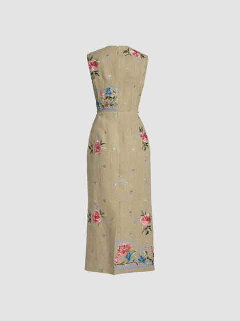 Erdem EMBROIDERED LINEN PENCIL DRESS