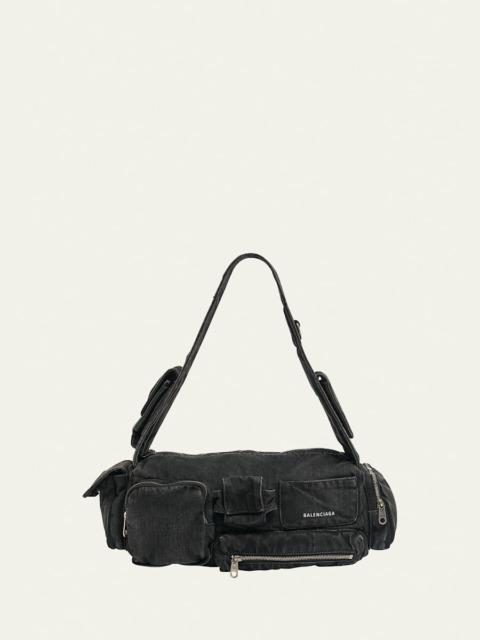BALENCIAGA Superbusy Sling Washed Denim Shoulder Bag