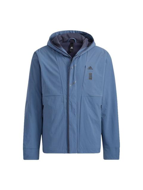 Men's adidas Wj Wv Jkt Martial Arts Series Logo Hooded Fleece Lined Sports Jacket Sky Blue HE5118