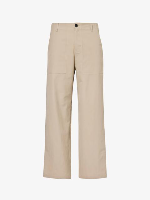 Traveler contrast-button wide-leg mid-rise cotton trousers