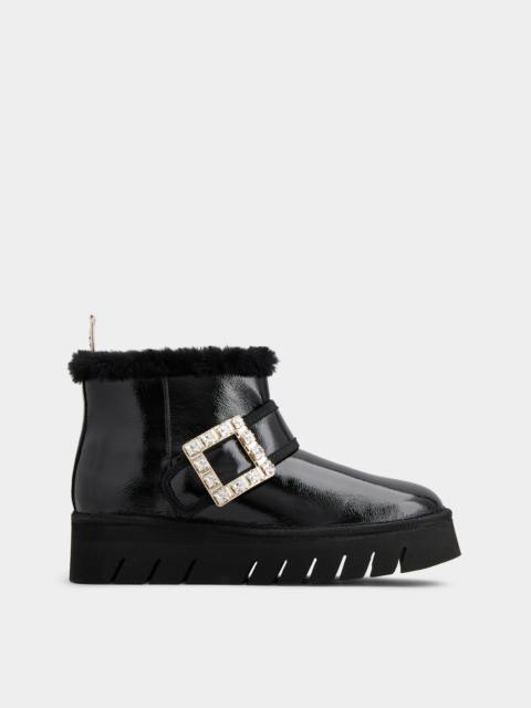 Roger Vivier Viv' Winter Fur Strass Buckle Ankle Boots in Patent Leather