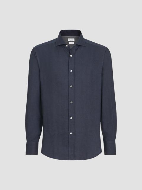 Brunello Cucinelli Men's Stretch Cotton Chevron Flannel Shirt with Spread Collar - Navy Blue