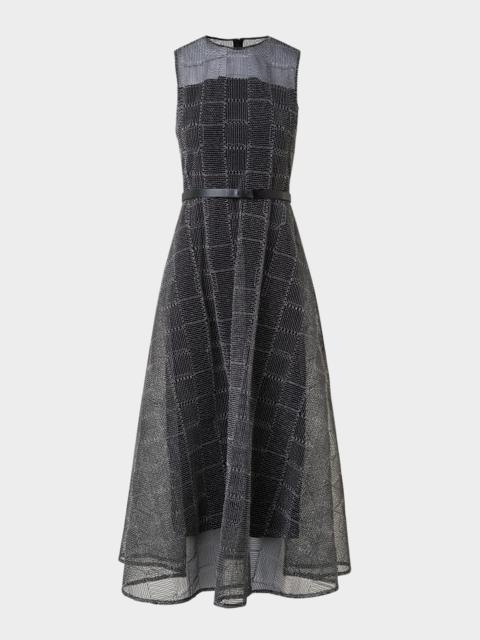 AKRIS Square Embroidered Tulle Sleeveless Midi Dress