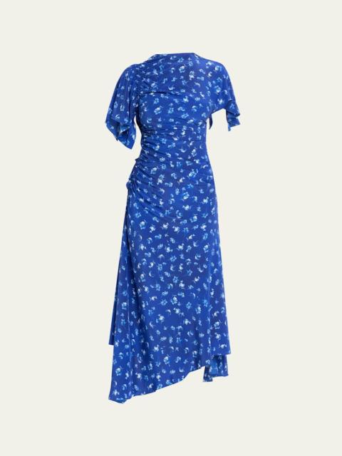 Victoria Beckham Asymmetric Smocked Short-Sleeve Midi Dress