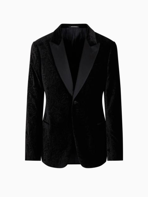 Slim-fit velvet tuxedo jacket with all-over printed motif