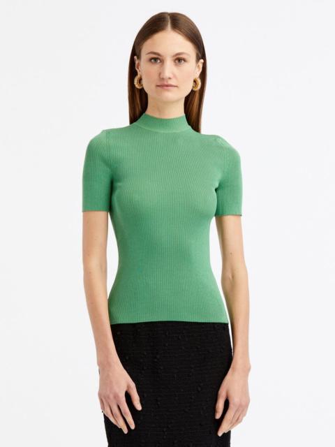 Oscar de la Renta SHORT SLEEVE MOCK NECK RIBBED PULLOVER