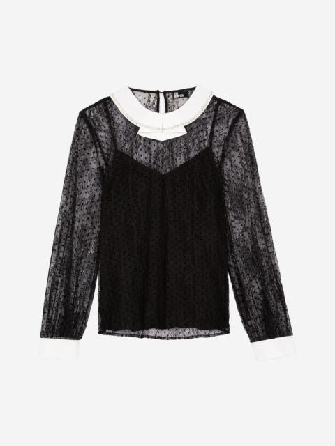 The Kooples PLUMETIS LACE TOP WITH BLACK RHINESTONES
