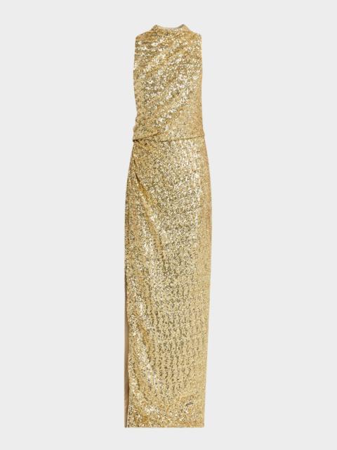 Balmain Draped Sequined Halter Column Gown