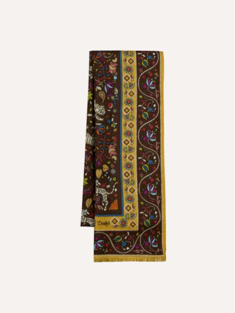 Drake's Brown Tiger Garden Print Wool Silk Scarf