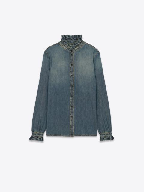 SAINT LAURENT ruffled shirt in dirty medium vintage blue denim