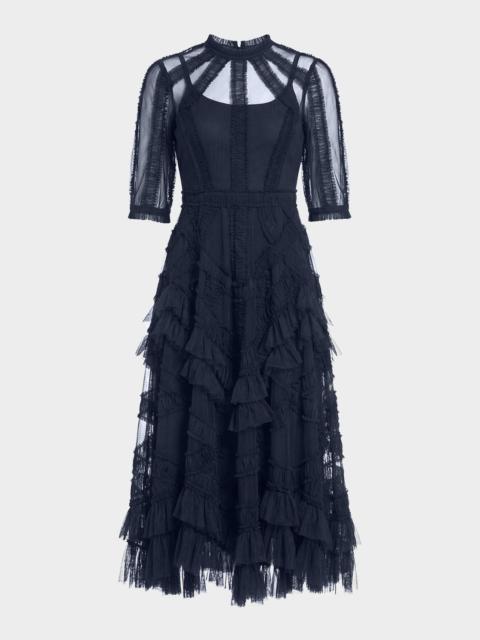 MAC DUGGAL High-Neck Ruffled A-Line Midi Dress