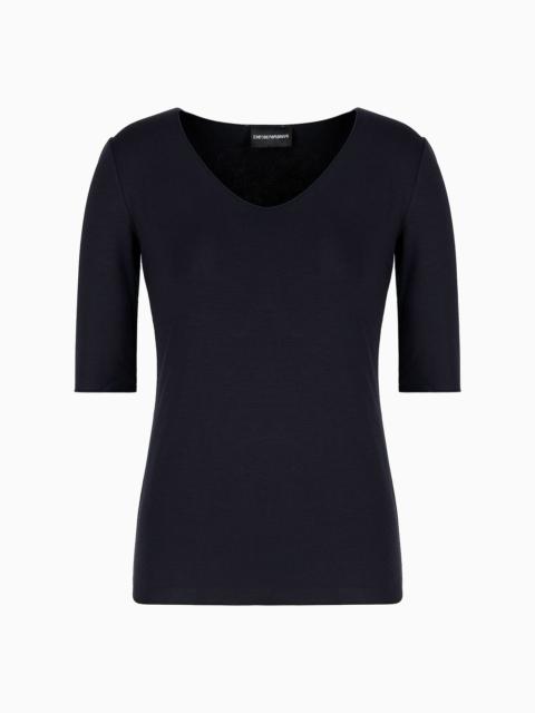 Viscose stretch jersey V-neck jumper with three-quarter length sleeves