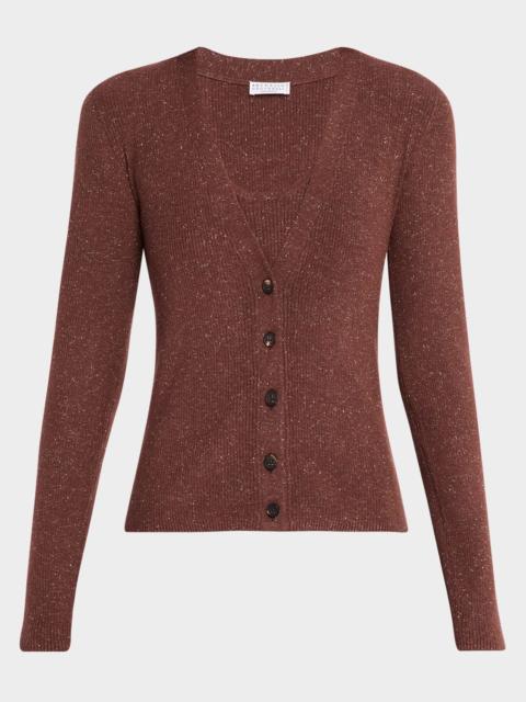 Brunello Cucinelli Shimmering Cashmere Stretch Rib V-Neck Cardigan