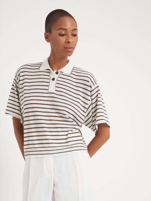 Brunello Cucinelli Sparkling stripe lightweight knit polo in virgin wool and cashmere