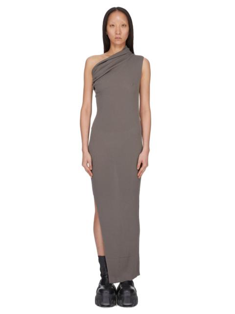 Rick Owens 'athena' Grey Asymmetrical Long Dress With Wide Neck And Ribbed Design In Cotton Knit Woman