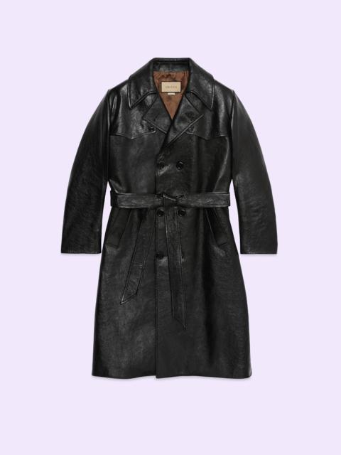 Belted leather trench coat