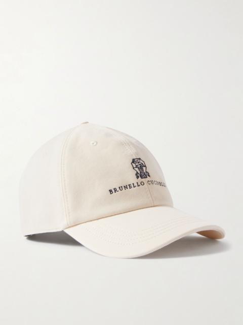 Brunello Cucinelli Logo-Embroidered Leather-Trimmed Cotton-Twill Baseball Cap White