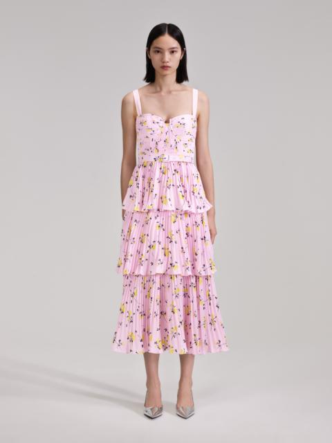 Pink Floral Print Tiered Midi Dress