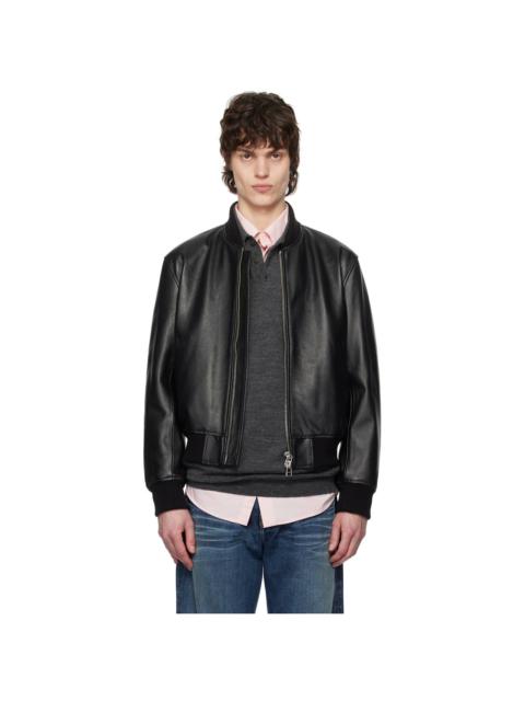 Tonywack 검정 Grained 가죽 Bomber 재킷