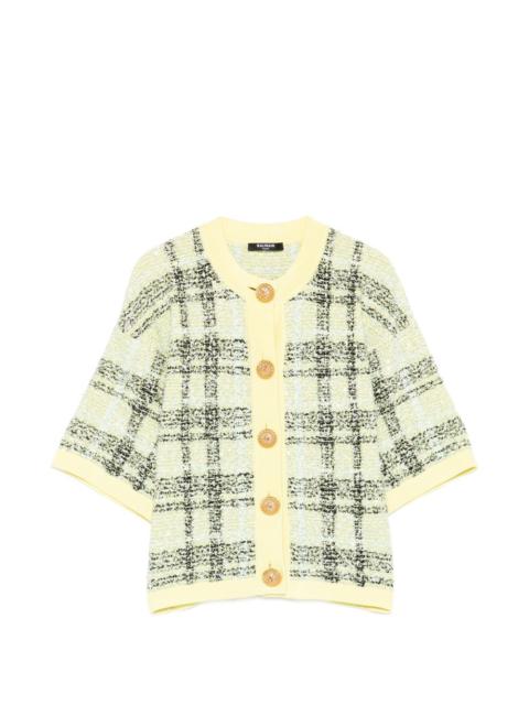 buttoned check tweed cardigan