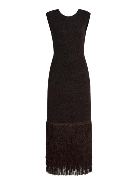 Aje. Breeze Fringed Metallic-Knit Midi Dress brown