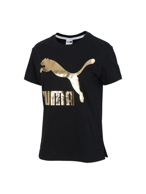 (WMNS) PUMA Classics Logo Short Sleeve TEE Black/Gold 579406-83