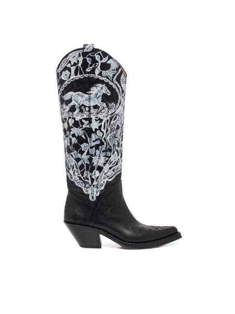 GABRIELA HEARST Hand Painted Capitana Cowboy Boot in Black & White Leather