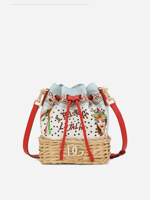 Printed canvas and wicker bucket bag
