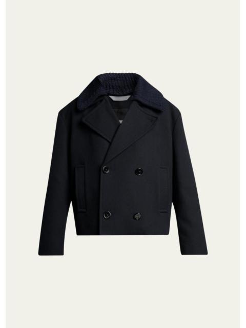 BALENCIAGA Men's Wool Knit-Collar Double-Breasted Jacket