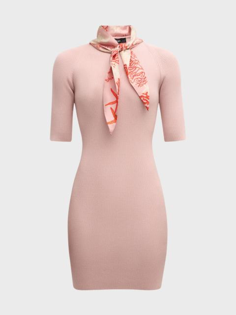 Scarf-Neck Short-Sleeve Knit Mini Dress