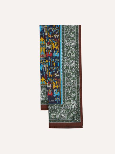 Drake's Navy Elephant Village Print Wool-Silk Scarf