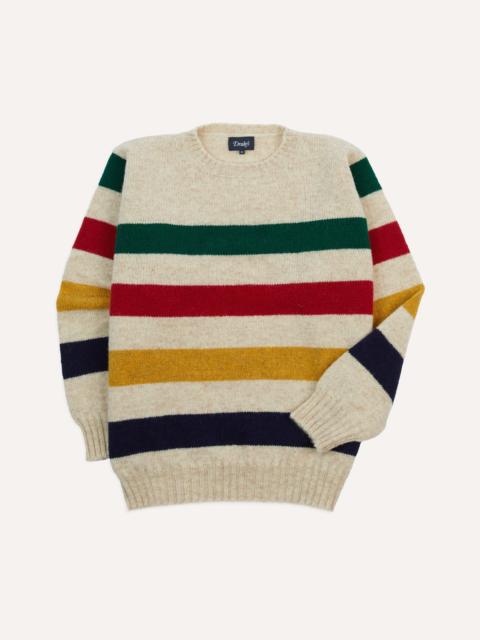 Drake's Ecru Multi Thick Stripe Brushed Shetland Crew Neck Jumper