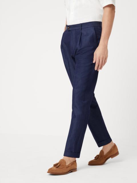 Wool and linen denim-effect twill leisure fit trousers with pleat