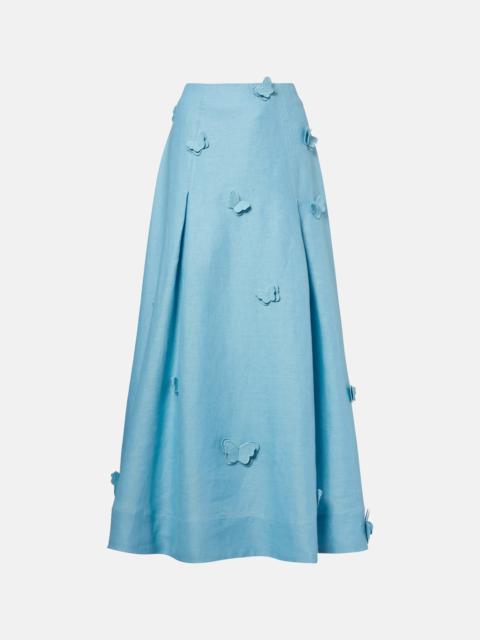 FARM RIO Patch-appliqué linen midi skirt