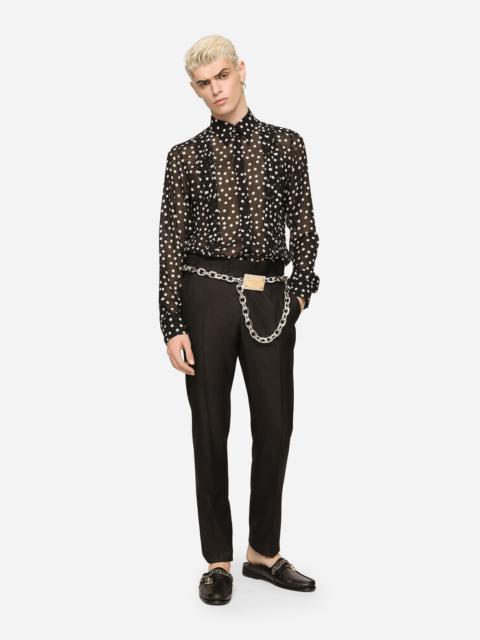 Oversize georgette shirt with polka-dot print and embroidery