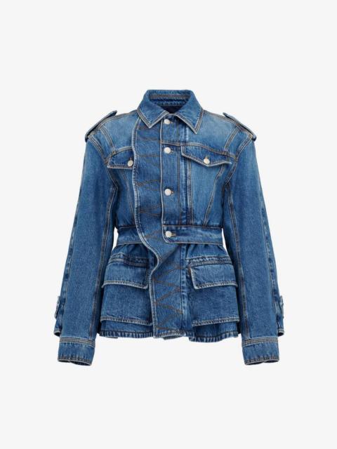 Alexander McQueen Women's Patch Pocket Peplum Denim Jacket in Washed Blue