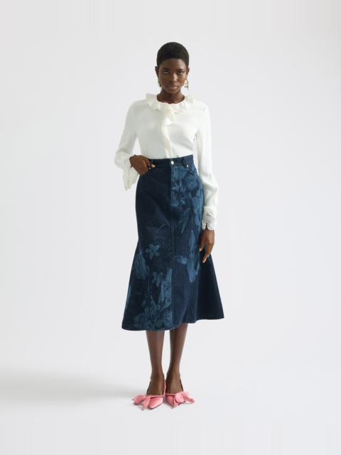 Erdem PRINTED DENIM FLARED MIDI SKIRT