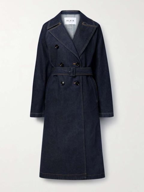 Alaïa Archetypes double-breasted belted denim trench coat