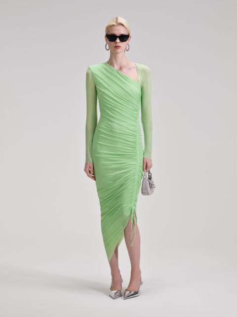 self-portrait Green Mesh Ruched Midi Dress