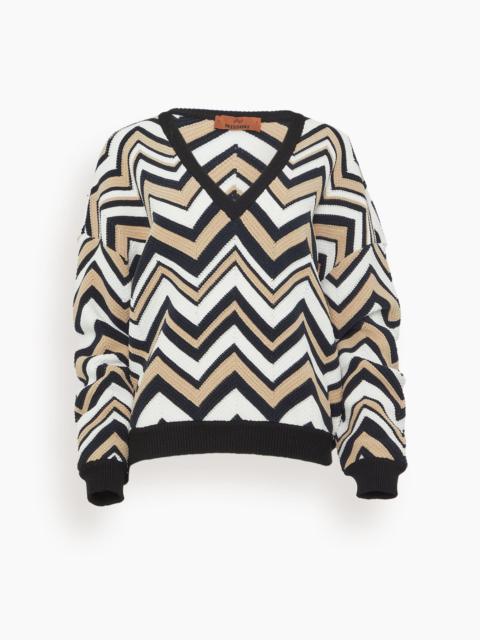 Missoni V-Neck Sweater in Zigzag Beige/White/Black