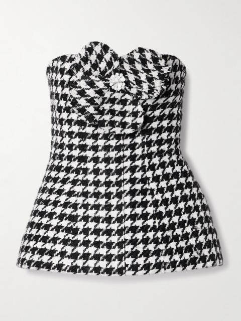 CAROLINA HERRERA Strapless Appliquéd Houndstooth Tweed Peplum Top
